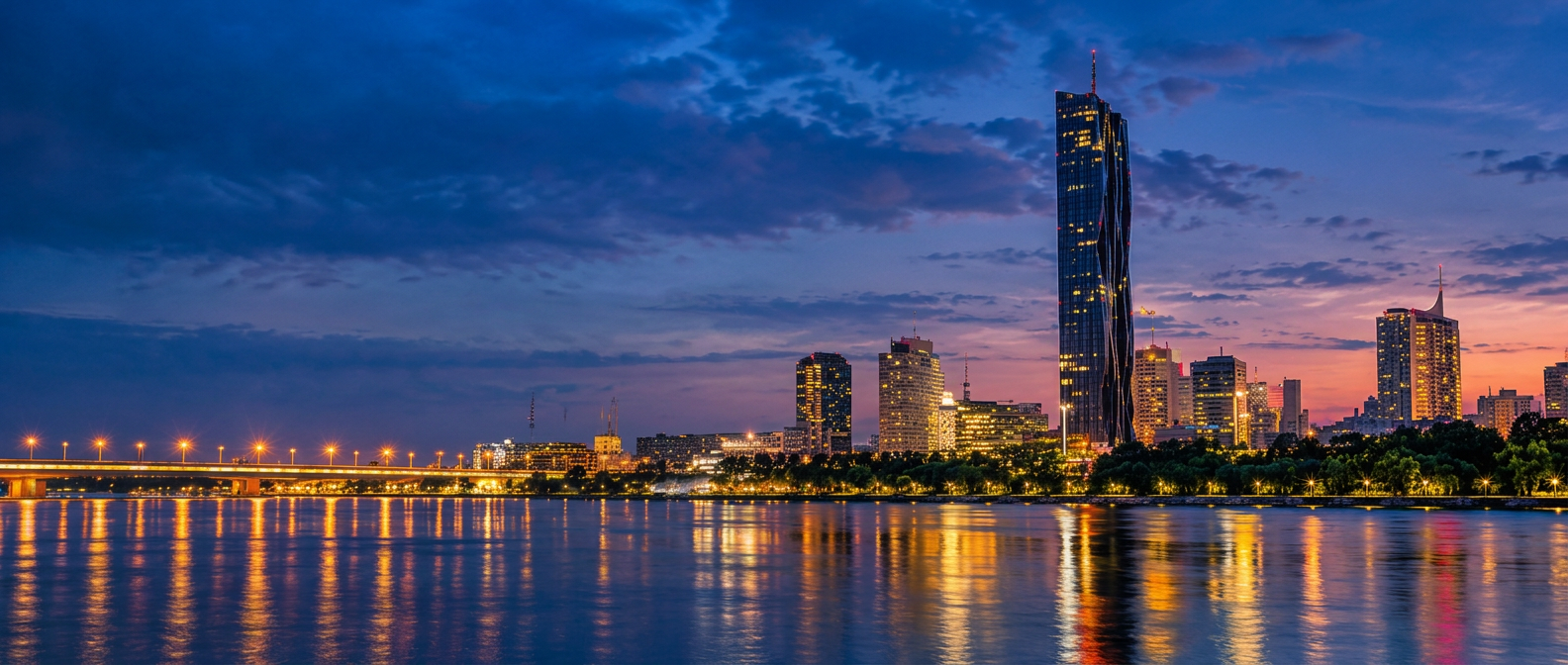 Blick über die Donau auf die Wiener Donau City zur blauen Stunde mit dem beleuchteten DC Tower 1